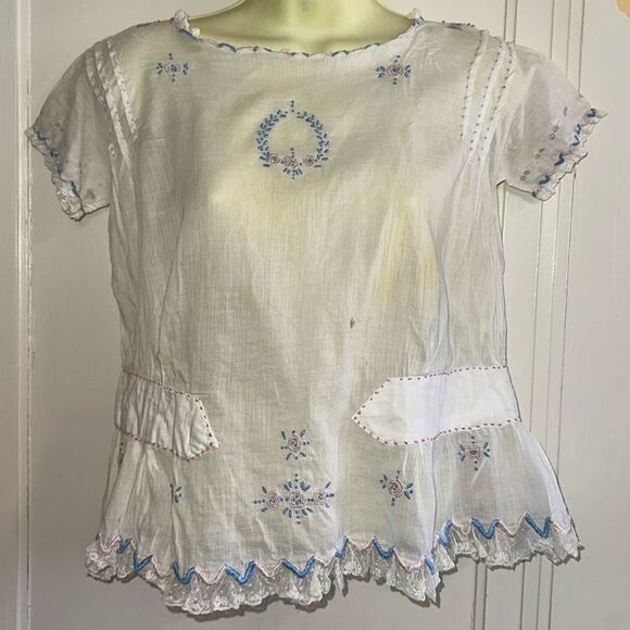 Antique Tops - Antique/vintage homemade thin white‎ cotton lawn embroidered short sleeve blouse